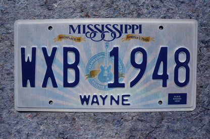 Mississippi Embossed Guitar License Plate # WXB 1948