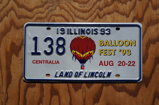 1993 Illinois License Plate Hot Air BALLOON FESTIVAL Centralia # 138