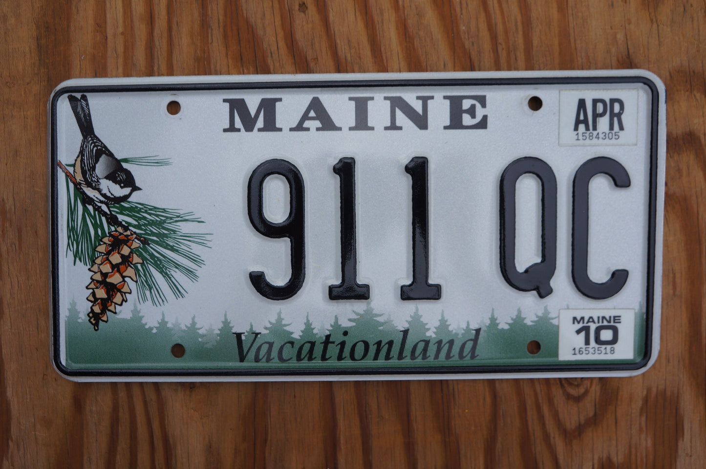 2010 Maine License Plate BIRD Pine Cone # 911 QC - Vacationland