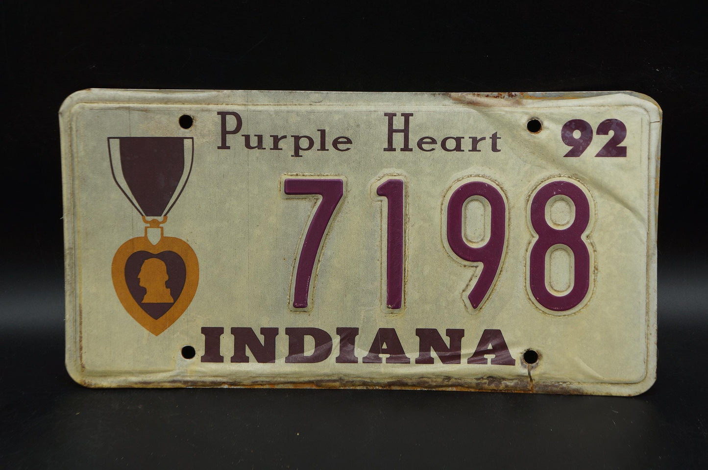 1992 Indiana PURPLE HEART License Plate # 7198
