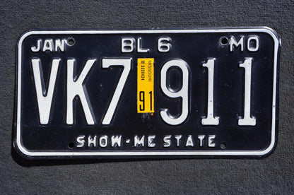1991 Missouri Black Vintage License Plate # VK7 911 Show-me-state
