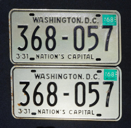 Vintage 1968 Washington DC District of Columbia License Plate PAIR / SET
