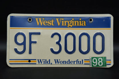 1998 West Virginia License Plate # 9F 3000 - Wild, Wonderful