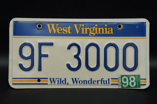1998 West Virginia License Plate # 9F 3000 - Wild, Wonderful