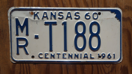 1960 1961 Kansas CENTENNIAL White Truck License Plate # MR - T188