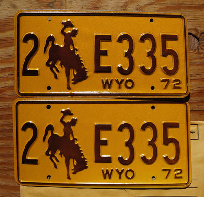 1972 Wyoming Cowboy Horse License Plate Pair - Brown & Yellow
