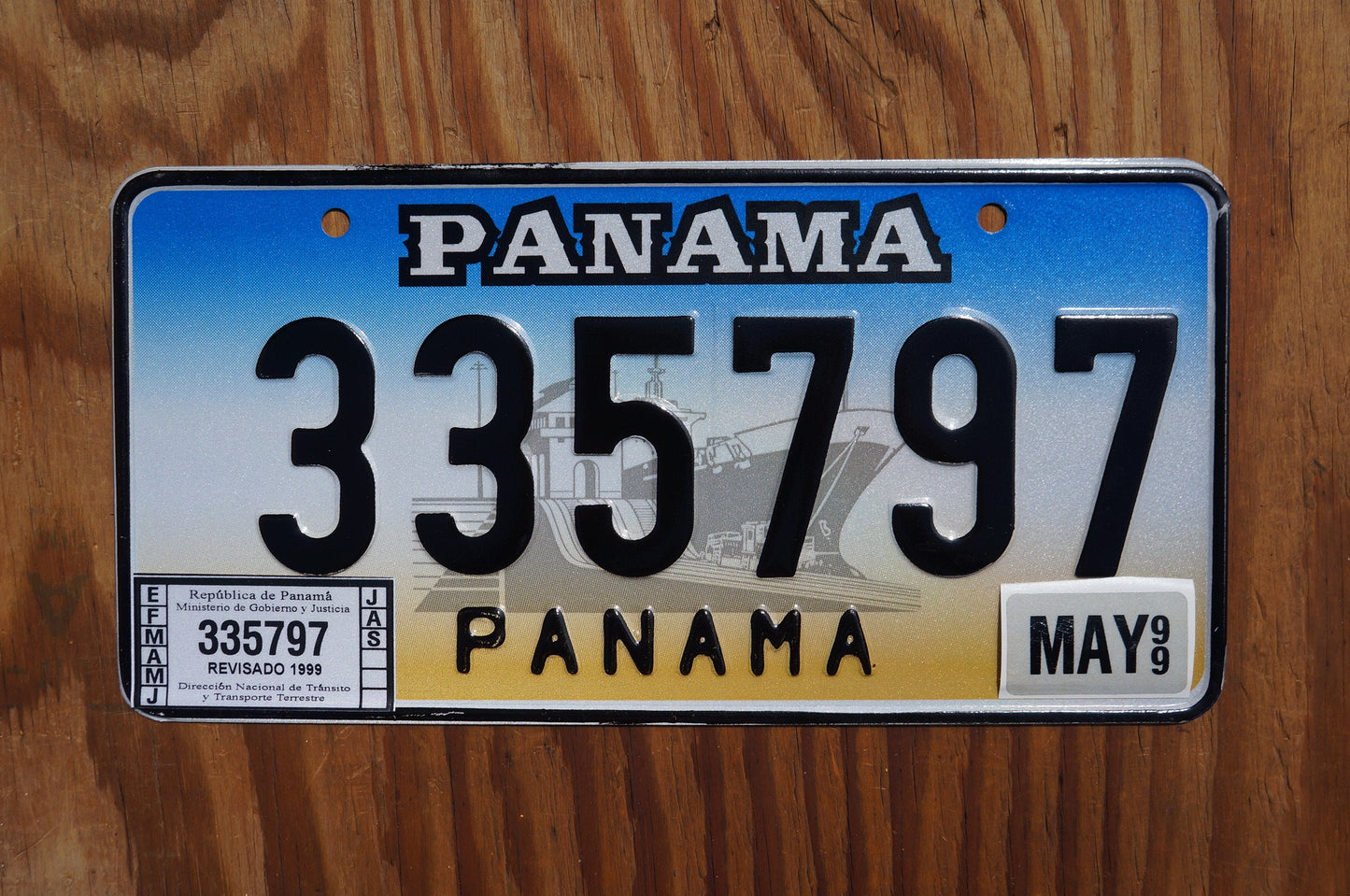 1999 PANAMA Blue License Plate with validation stickers - Unused