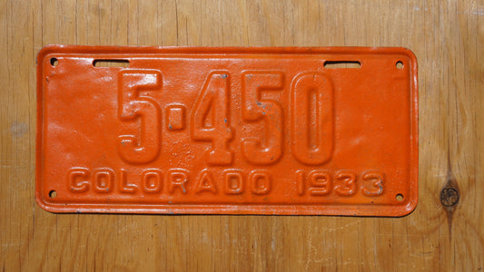 1933 Colorado Orange License Plate LOW # 5 - 450