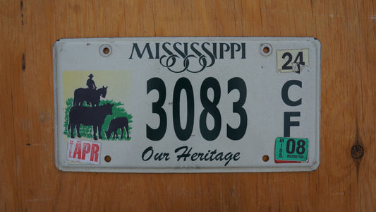 2008 Mississippi Our Heritage Horse Cow Animals Graphic License Plate # 3083