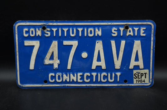 1984 Connecticut Blue Vintage License Plate - Constitution State # 747 - AVA