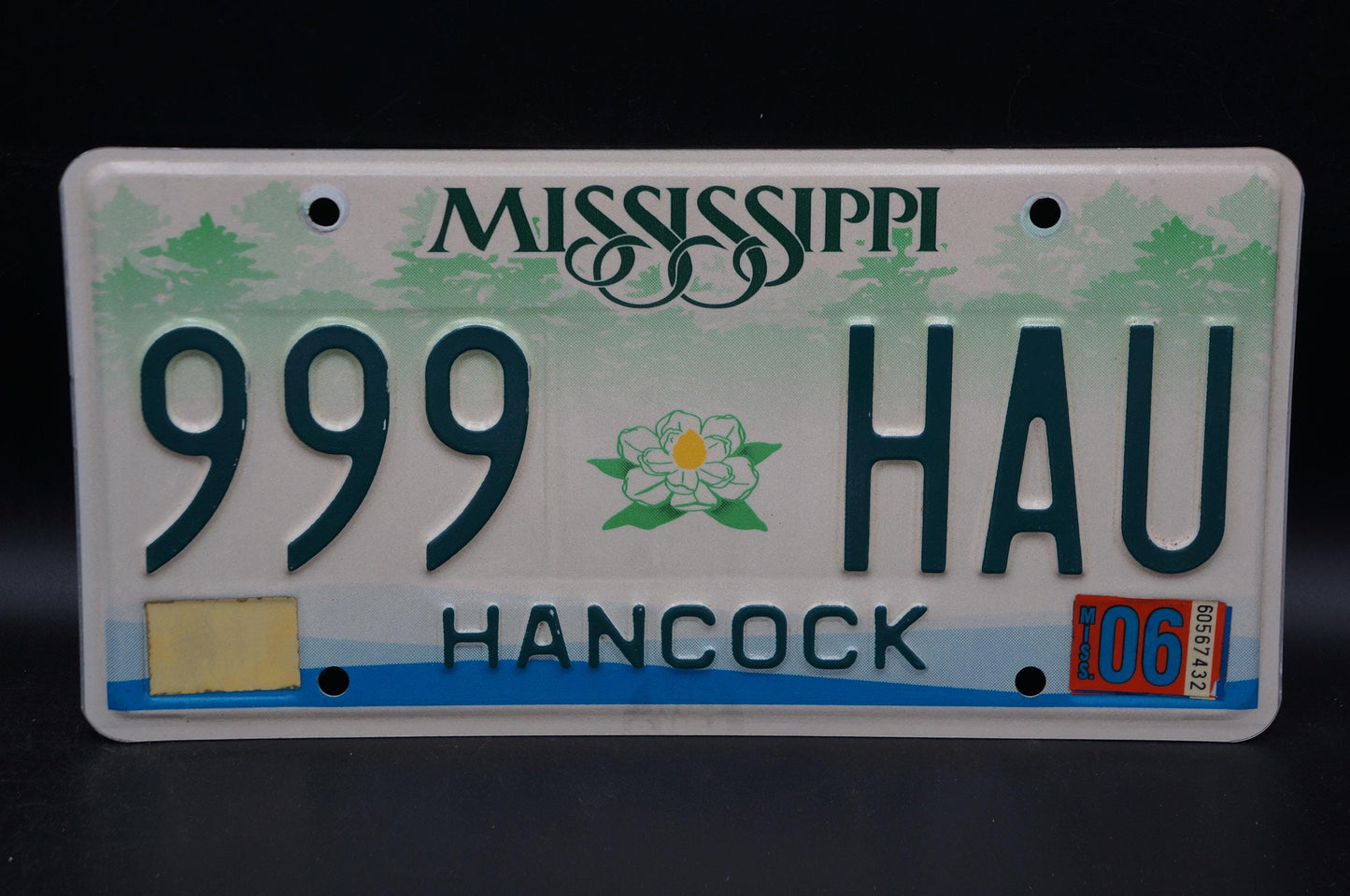 2006 Mississippi Embossed Green White Magnolia Flower License Plate # 999 HAU