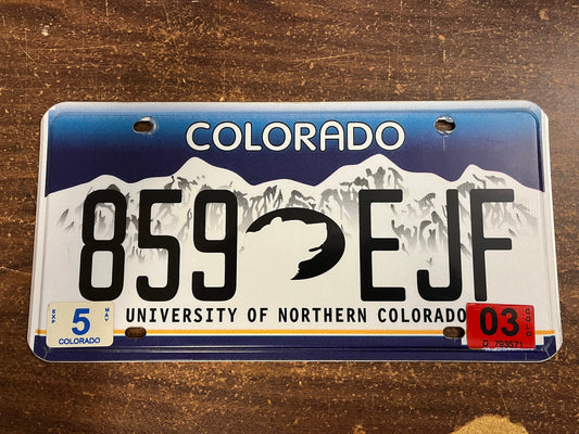 2003 Colorado University of Northern Colorado Snow Mountains Blue License Plate UNC Bear