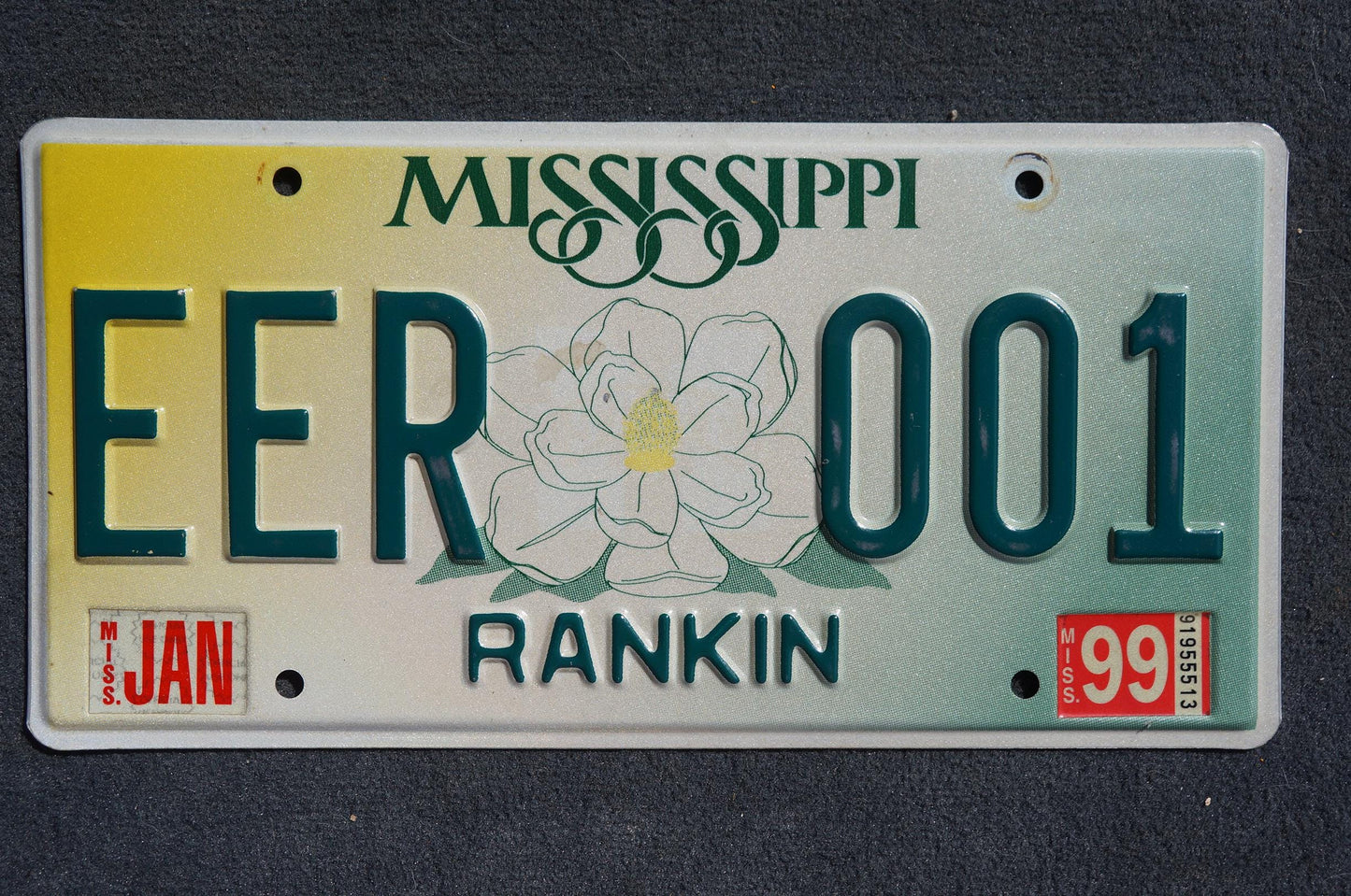 1999 Mississippi Embossed Green White Magnolia Flower License Plate LOW NUMBER # EER 001