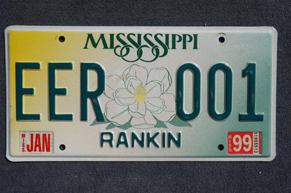 1999 Mississippi Embossed Green White Magnolia Flower License Plate LOW NUMBER # EER 001