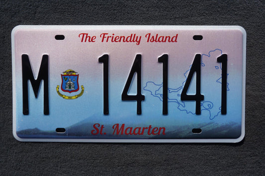 St Maarten Passenger License Plate # M - 14141 The Friendly Island, part of Netherlands Caribbean island