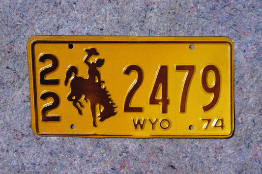 1974 Wyoming Teton County License Plate # 22 - 2479 - Cowboy & Horse - Yellowstone