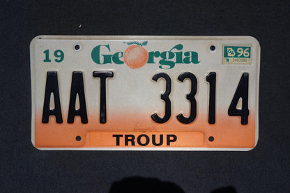 1996 Georgia Peach License Plate TROUP County # AAT 3314