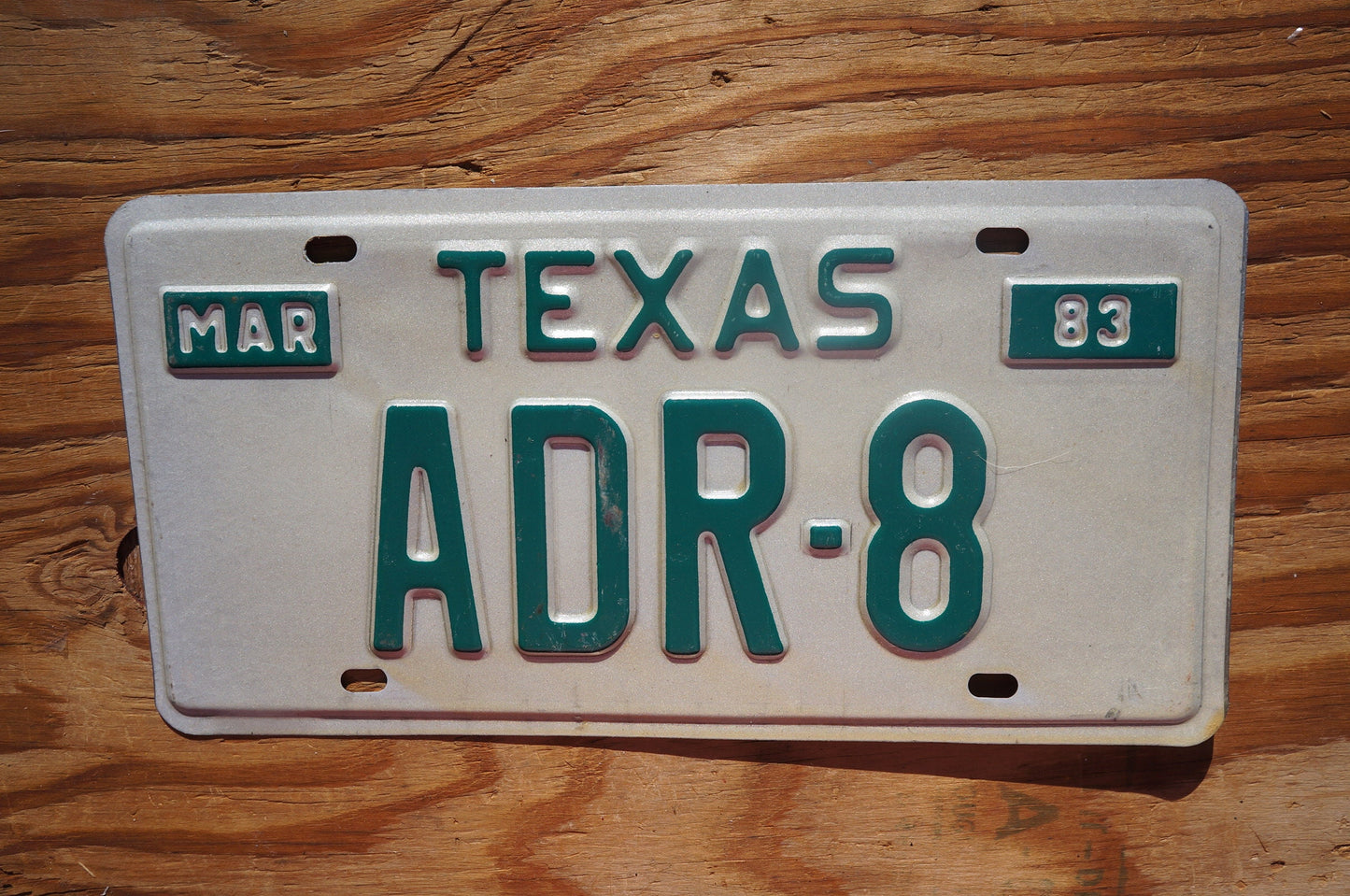 1983 Texas Vanity Vintage License Plate # ADR - 8