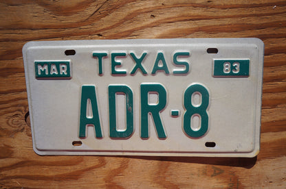 1983 Texas Vanity Vintage License Plate # ADR - 8