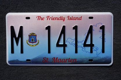 St Maarten Passenger License Plate # M - 14141 The Friendly Island, part of Netherlands Caribbean island