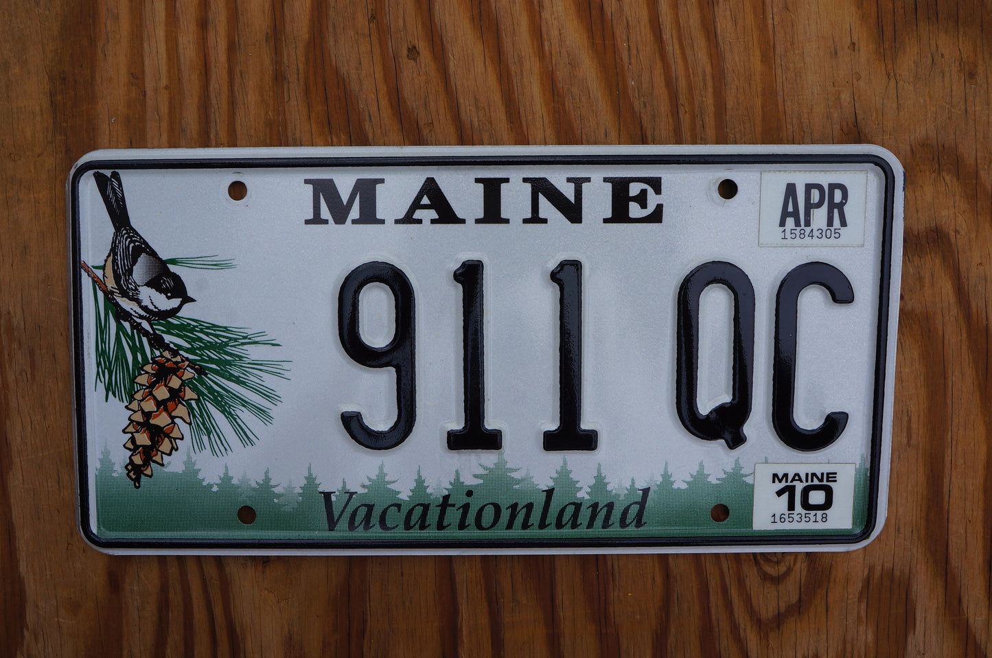 2010 Maine License Plate BIRD Pine Cone # 911 QC - Vacationland