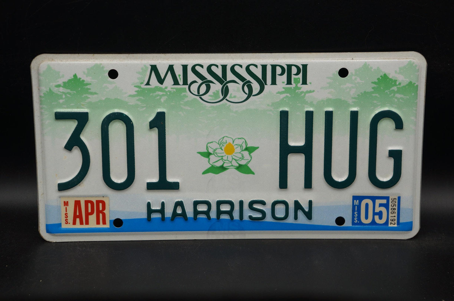 2005 Mississippi Embossed Green White Magnolia Flower License Plate # 301 HUG
