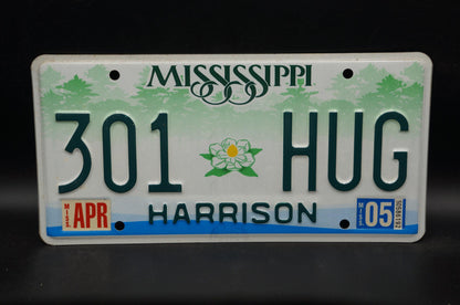 2005 Mississippi Embossed Green White Magnolia Flower License Plate # 301 HUG