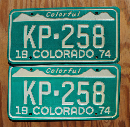 1974 Colorado License Plate PAIR: Green Snow Mountains