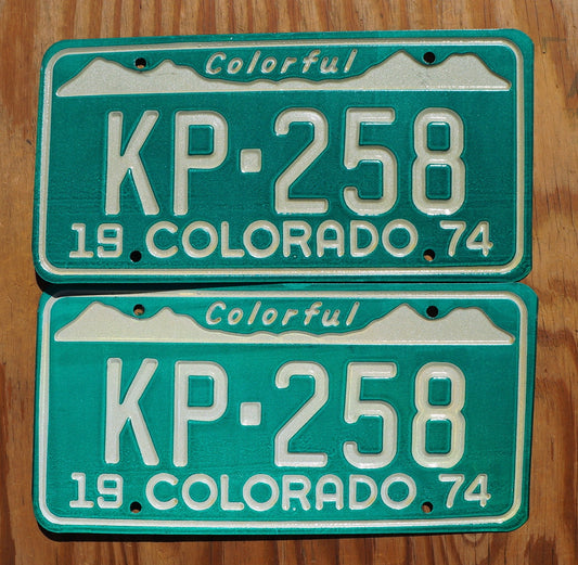 1974 Colorado License Plate PAIR: Green Snow Mountains