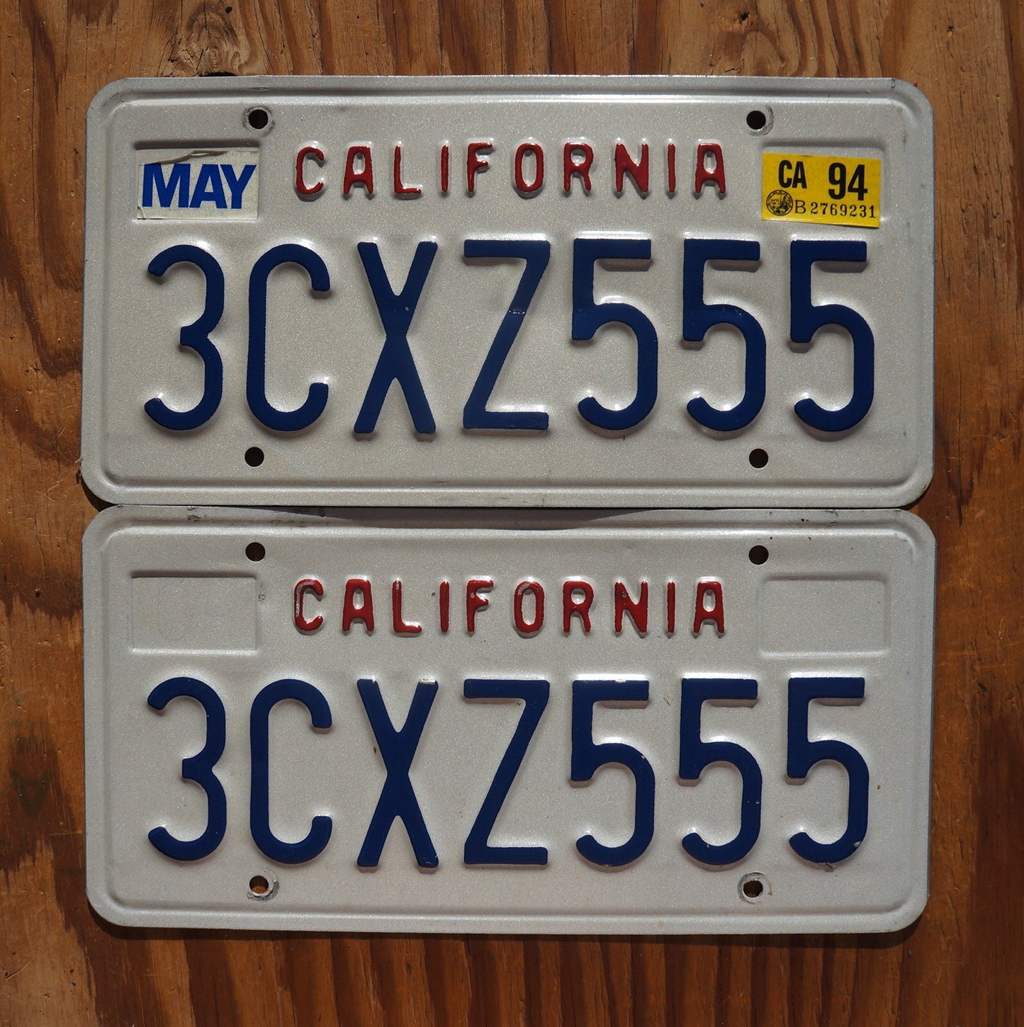 1994 California Vintage License Plate PAIR / SET # 3CXZ555