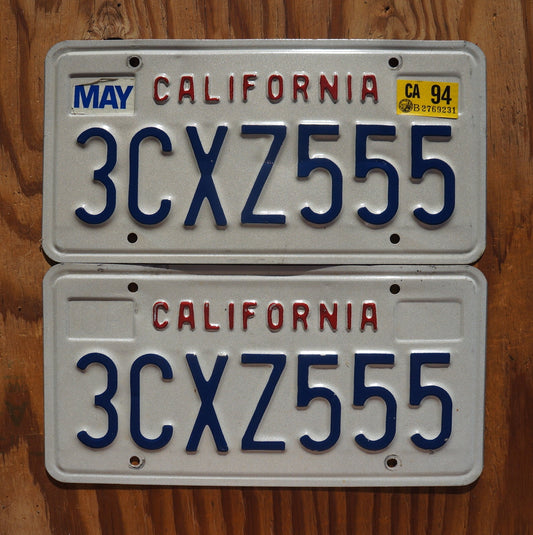 1994 California Vintage License Plate PAIR / SET # 3CXZ555