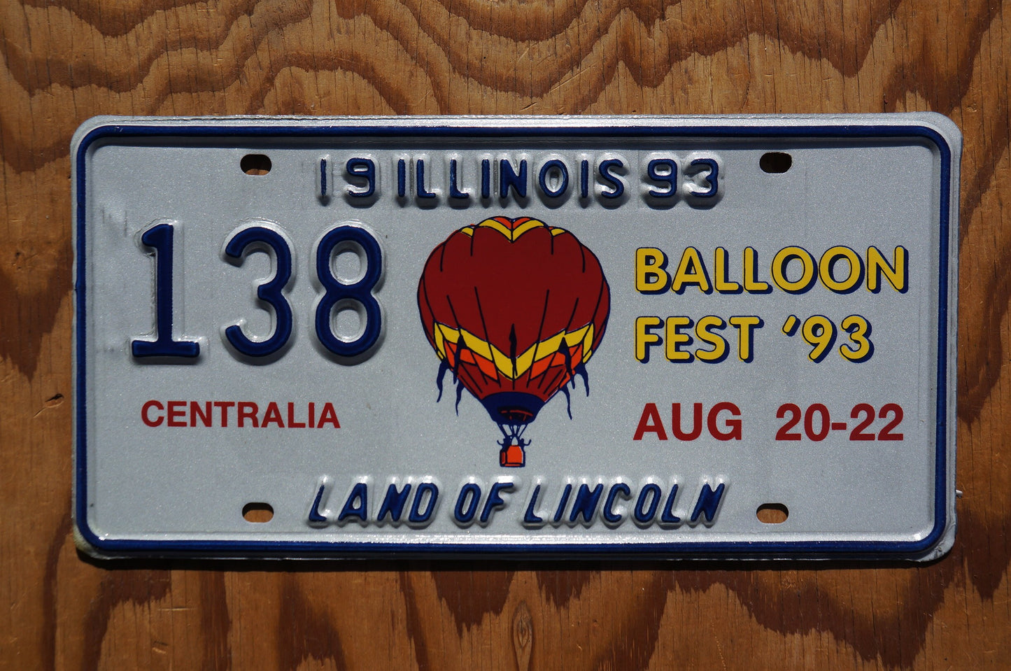 1993 Illinois License Plate Hot Air BALLOON FESTIVAL Centralia # 138