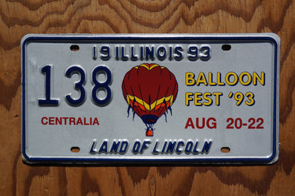 1993 Illinois License Plate Hot Air BALLOON FESTIVAL Centralia # 138