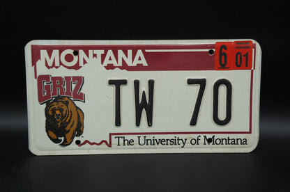 Montana License Plate University of Montana GRIZ Football # TW 70