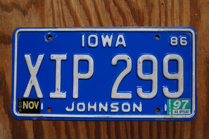 1986 1997 Iowa JOHNSON License Plate Blue  # XIP - 299