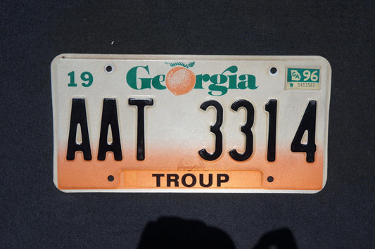 1996 Georgia Peach License Plate TROUP County # AAT 3314