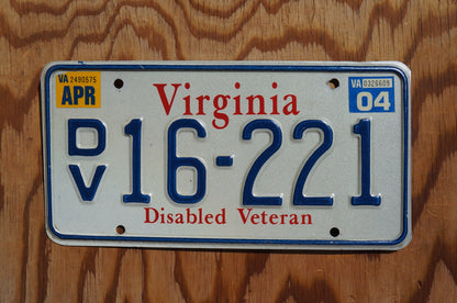 2004 Virginia DISABLED VETERAN Vintage License Plate # DV 16 - 221