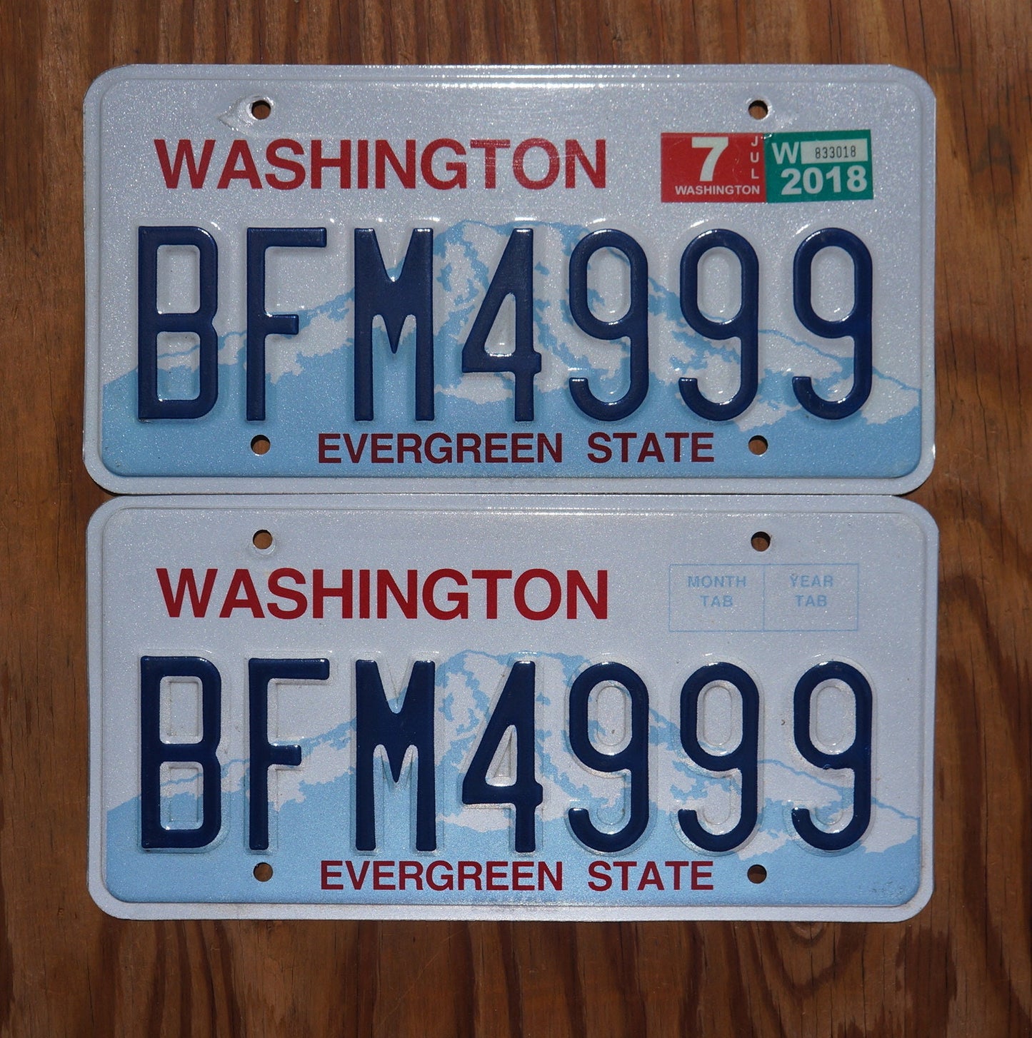2018 Washington State Blue License Plate PAIR / SET # BFM 4999
