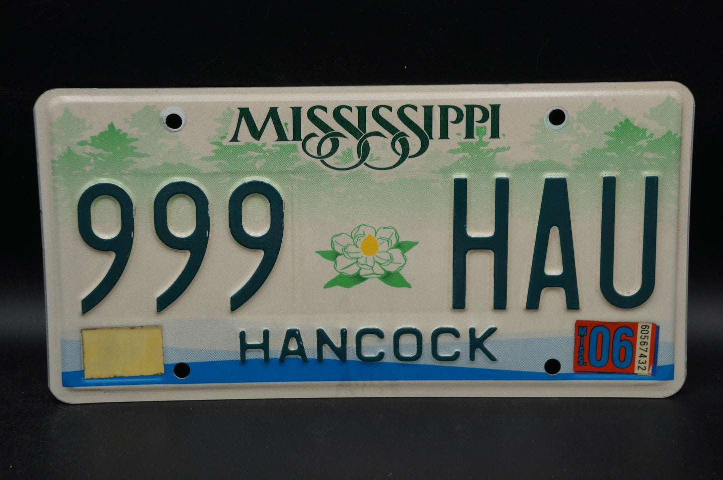 2006 Mississippi Embossed Green White Magnolia Flower License Plate # 999 HAU