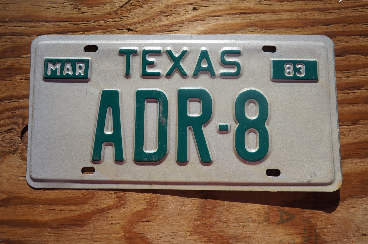 1983 Texas Vanity Vintage License Plate # ADR - 8