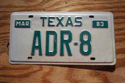 1983 Texas Vanity Vintage License Plate # ADR - 8