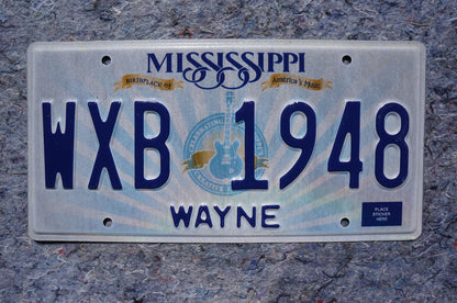 Mississippi Embossed Guitar License Plate # WXB 1948