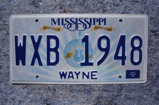 Mississippi Embossed Guitar License Plate # WXB 1948