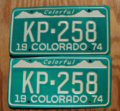 1974 Colorado License Plate PAIR: Green Snow Mountains