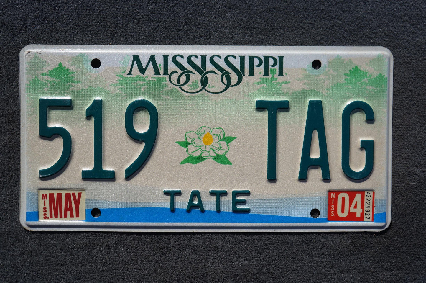 2004 Mississippi Embossed Green White Magnolia Flower License Plate # 519 TAG