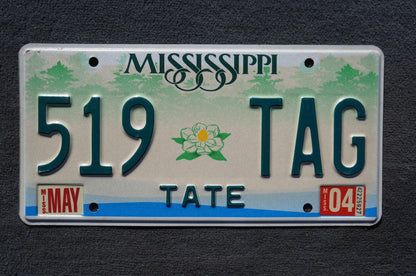 2004 Mississippi Embossed Green White Magnolia Flower License Plate # 519 TAG
