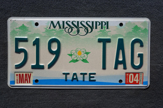 2004 Mississippi Embossed Green White Magnolia Flower License Plate # 519 TAG