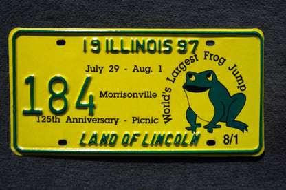 1997 Illinois Morrisonville World's largest frog jump 125th Anniversary Picnic License Plate # 184