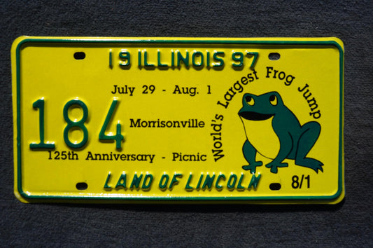 1997 Illinois Morrisonville World's largest frog jump 125th Anniversary Picnic License Plate # 184