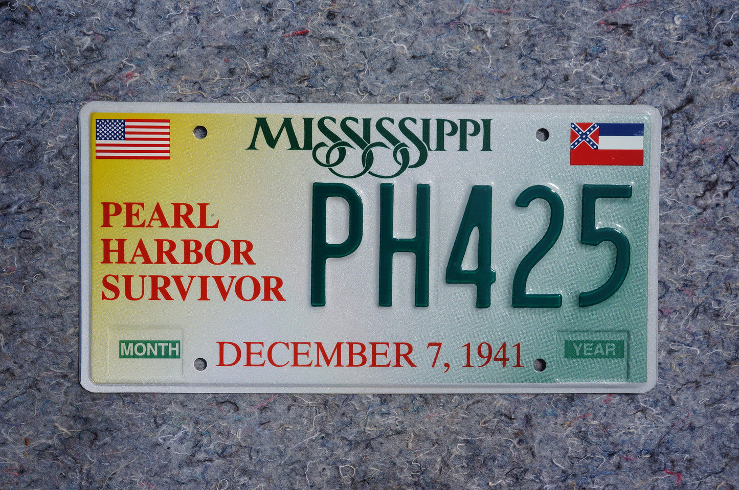 Mississippi PEARL HARBOR SURVIVOR License Plate - World War II - December 7 1941